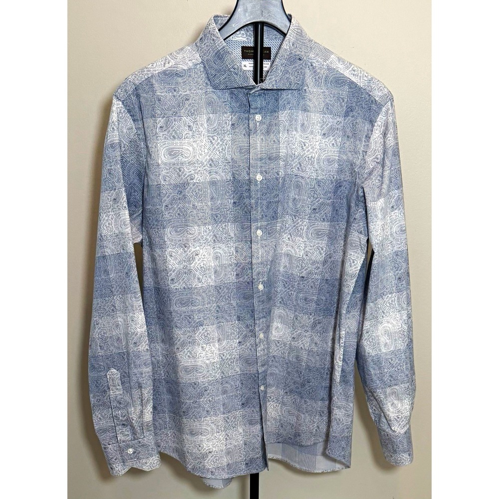 Thomas Dean Men Performance Woven Stretch Paisley Button-Up Shirt Blue White XL